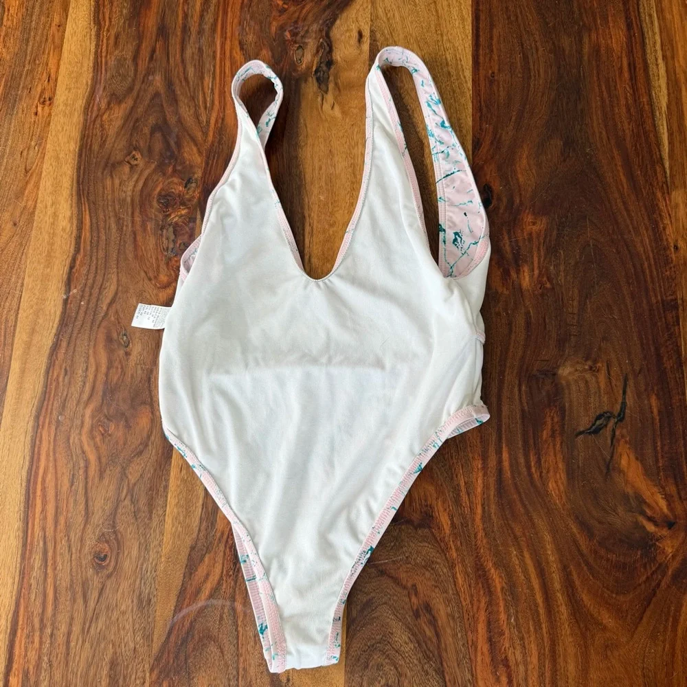 Basta Womens Pink Teal Marble Print One Piece Swimsuit Medium Baywatch Beach